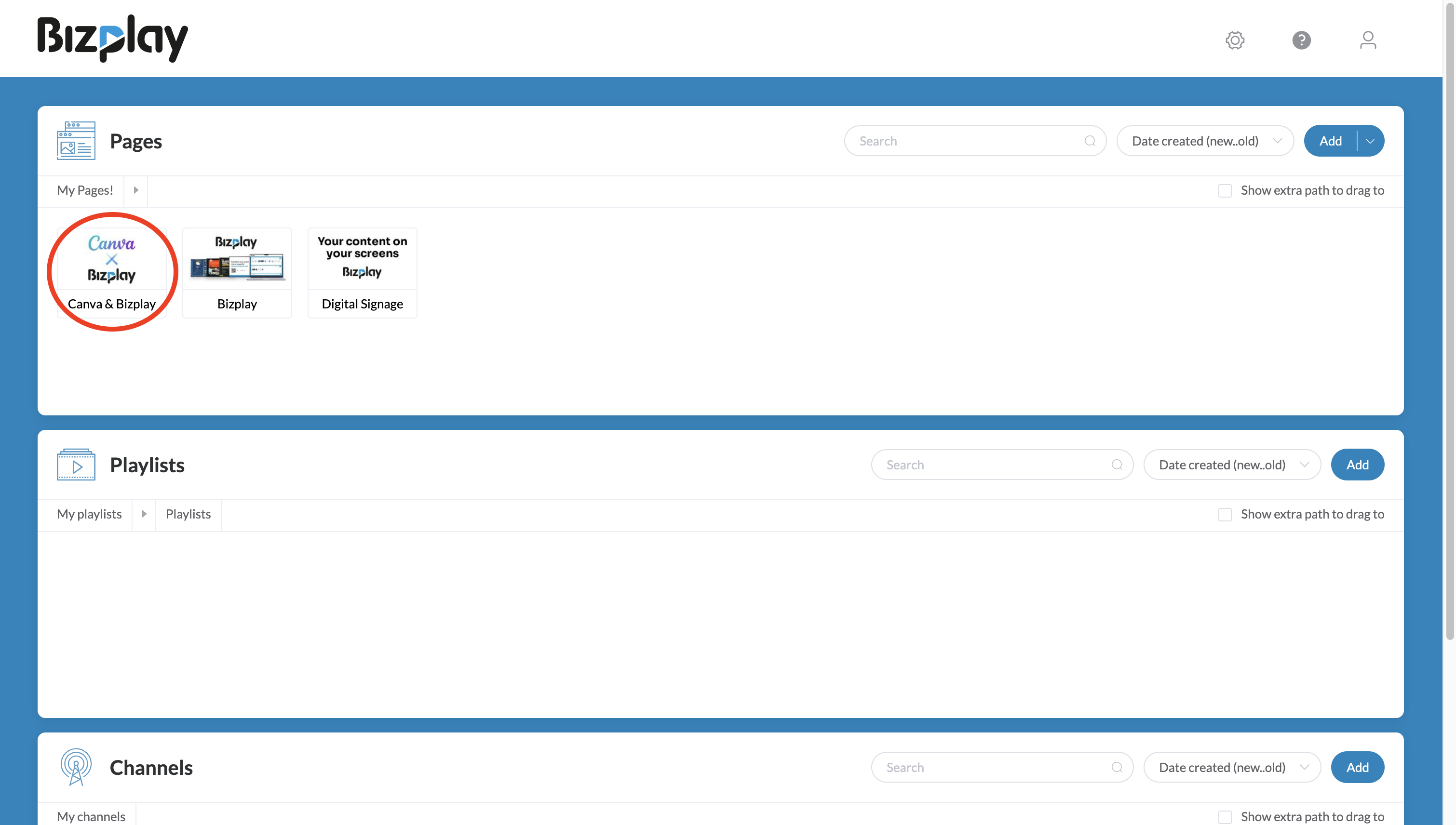 Das Bizplay-Dashboard zeigt den neu importierten Canva-Entwurf als Seite im ausgewählten Ordner, bereit für die Planung.