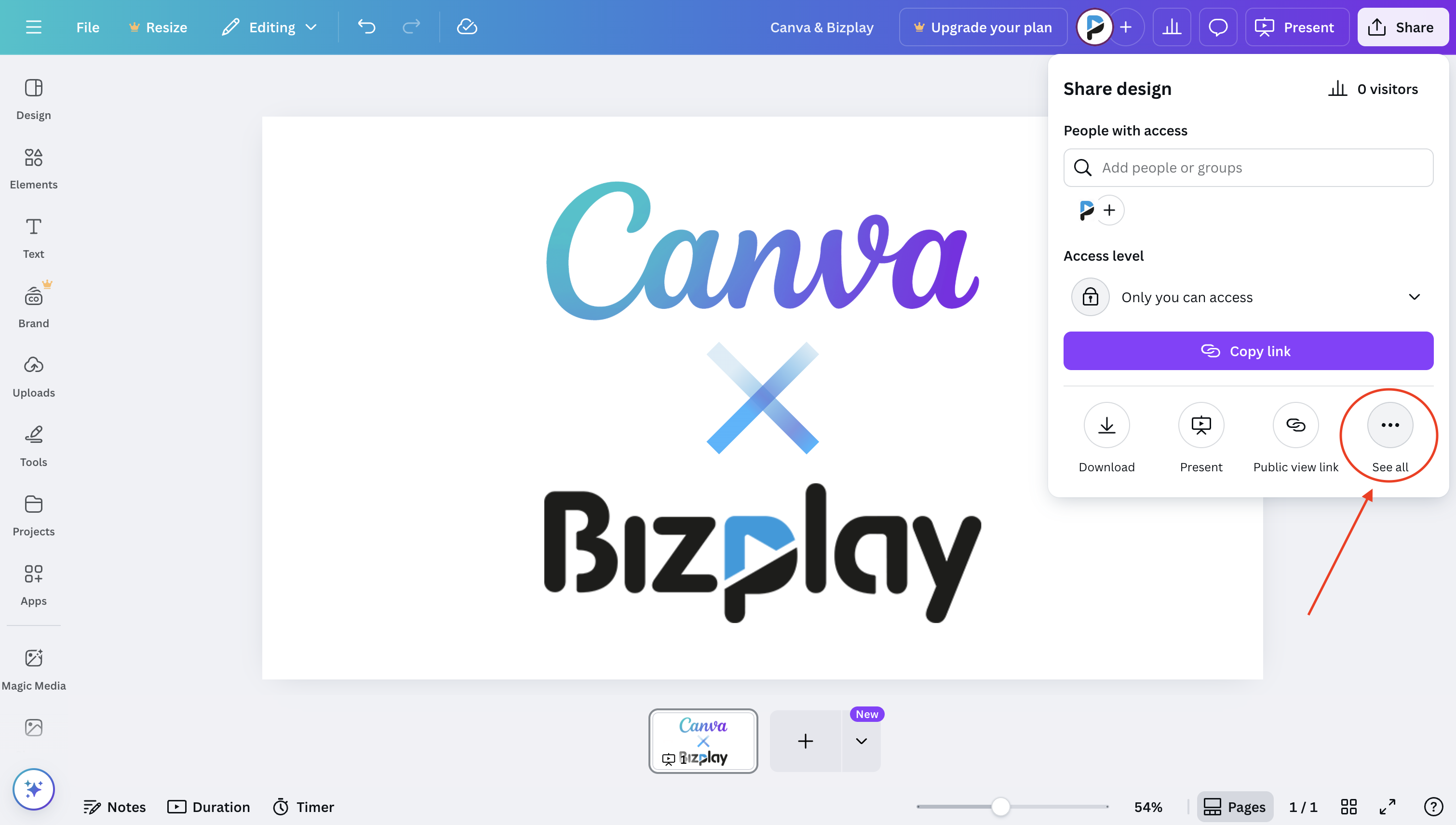 Dropdown menu in Canva met uitgebreide deelopties met alles zien