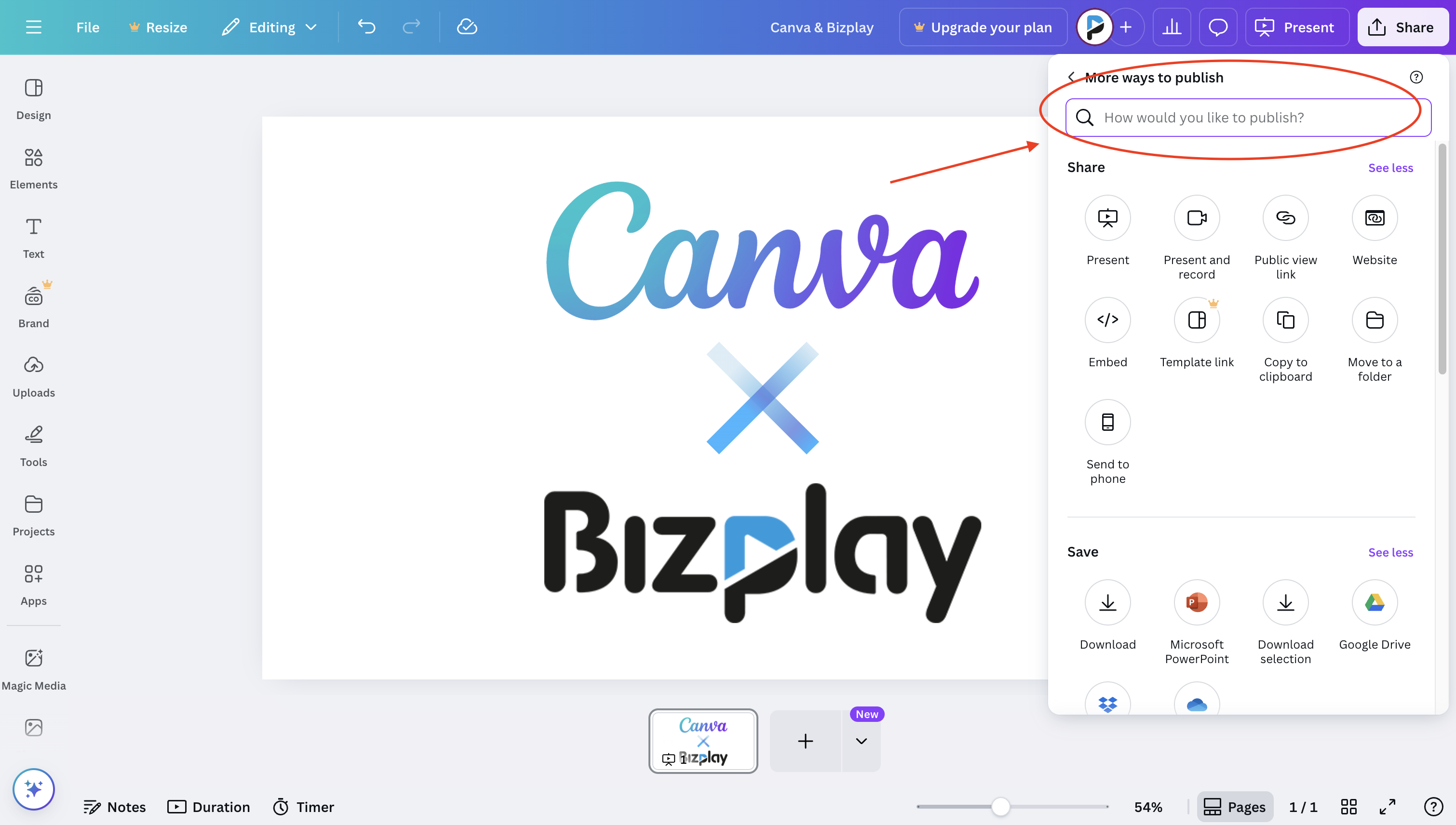 Interface de partage de Canva avec le champ de recherche « Comment souhaitez-vous publier ? » mis en évidence, prêt à rechercher des options d'exportation telles que Bizplay.