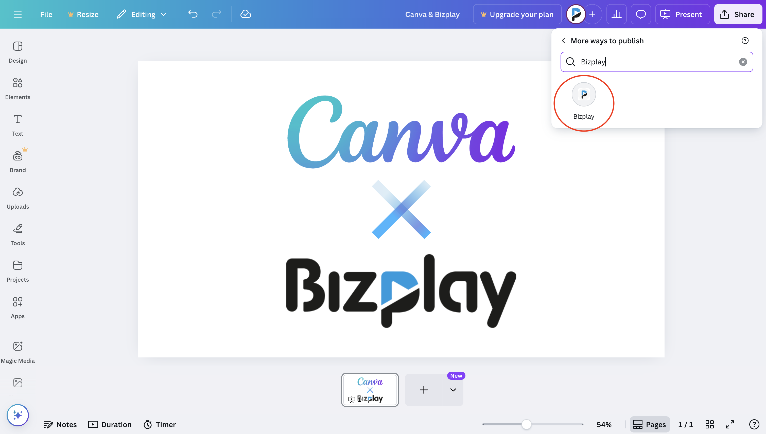 Search results screen in Canva with “Bizplay” typed into the Share search bar, displaying app suggestions for exporting designs.
