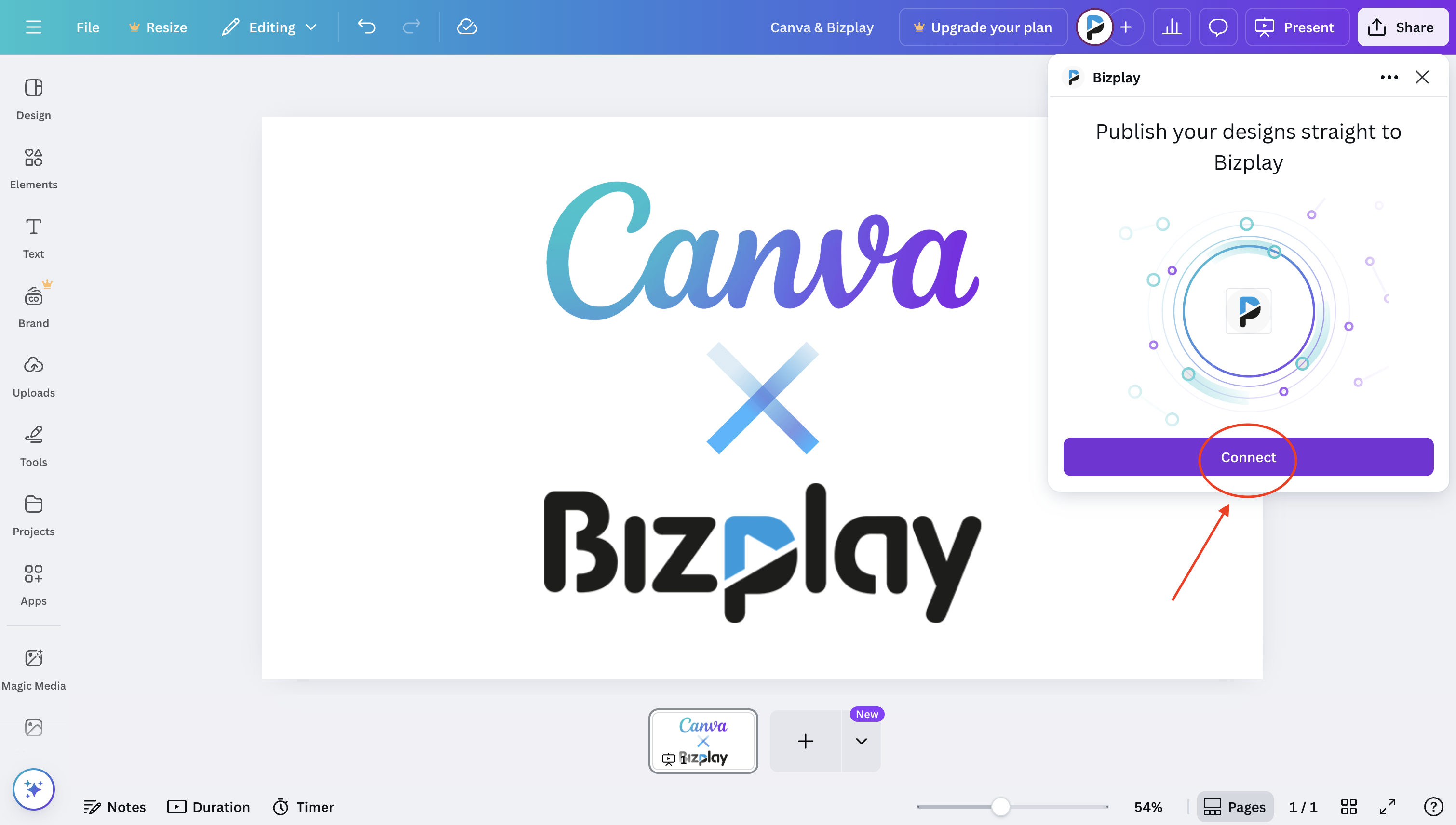 Autorisierungsbildschirm in Canva mit der Schaltfläche Connect to Bizplay, um die Integration mit der Beschilderungsplattform einzuleiten.