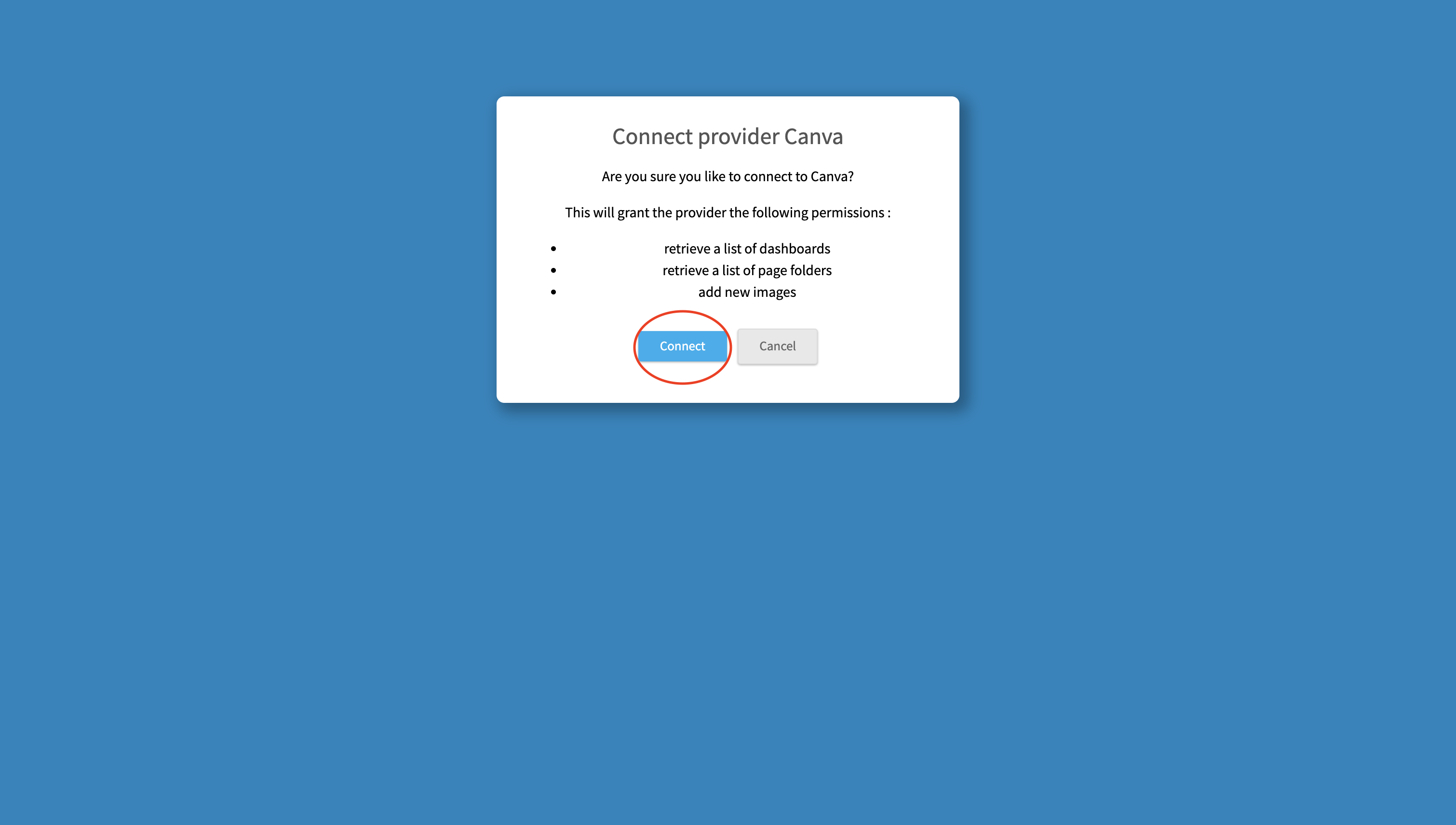 Bevestigingsdialoogvenster voor het verbinden van Canva met Bizplay, met de vereiste toestemmingen en een gemarkeerde knop Verbinden.