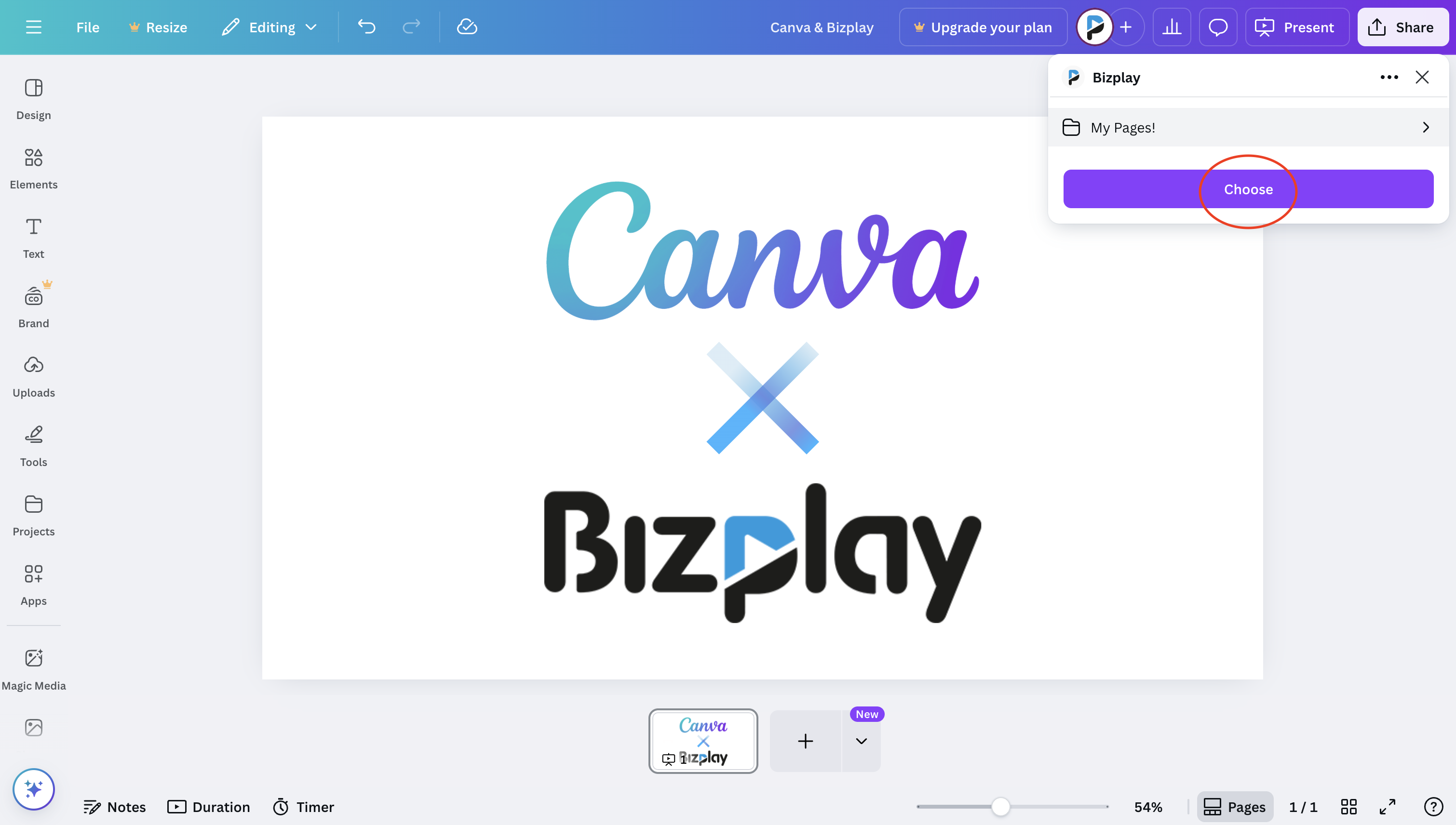 SScreenshot der mit Bizplay verbundenen Canva-Benutzeroberfläche mit Optionen für den Zielordner