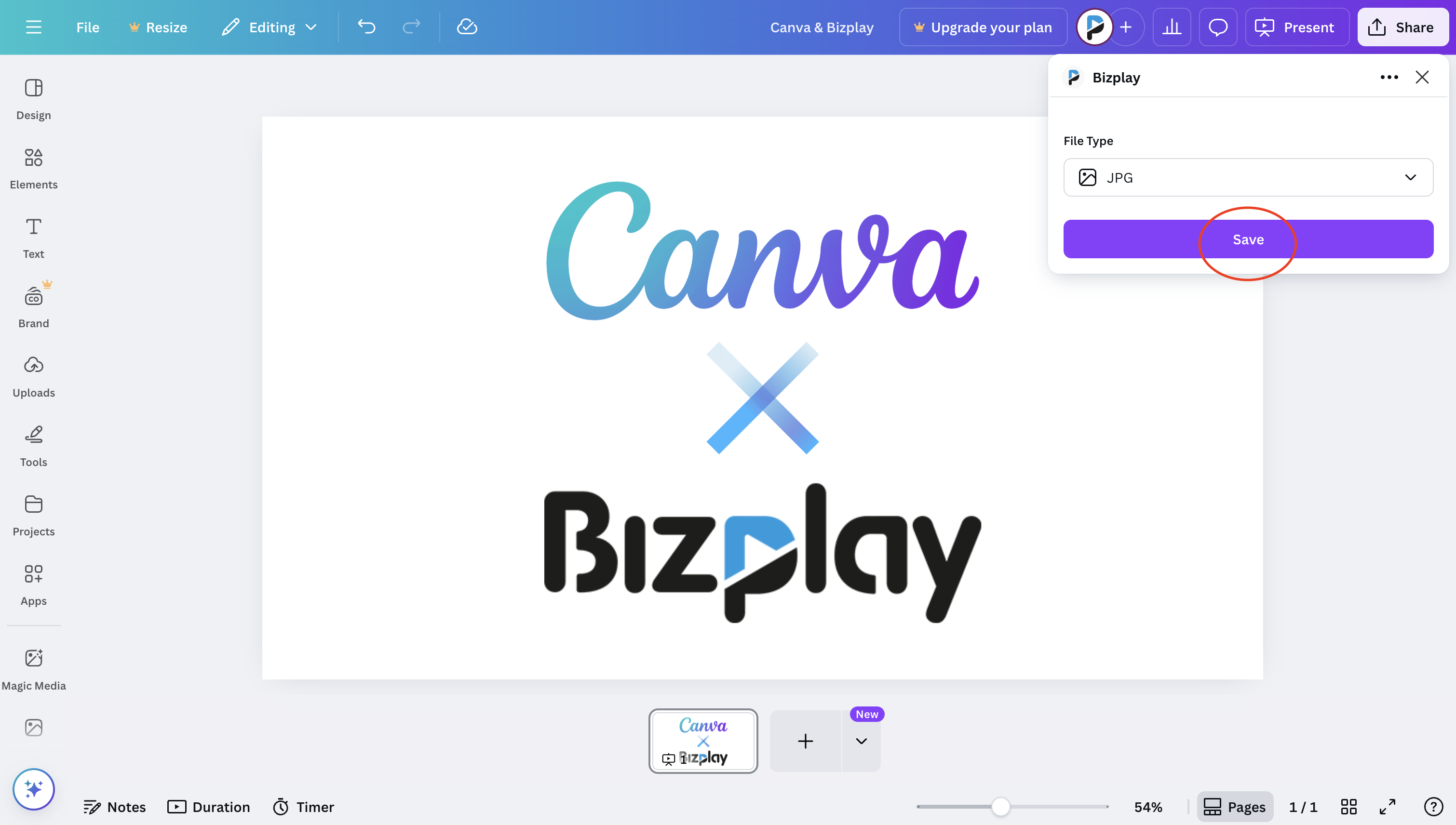 Schermafbeelding van Canva-interface verbonden met Bizplay met opties voor het te exporteren bestandstype en de knop Opslaan gemarkeerd